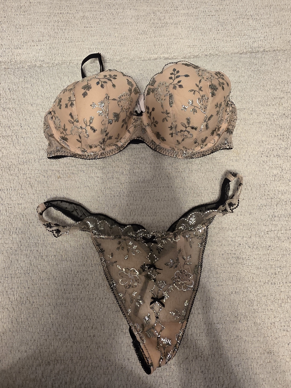 Victoria's Secret Blush Nude Bra and Thong Set with Silver Floral Embroidery